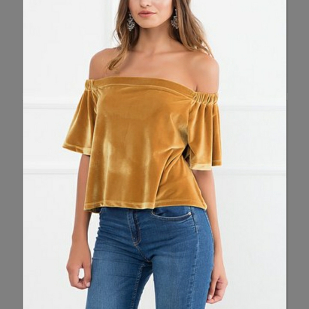 Milan Kiss | Mustard Flutter-Sleeve Off-Shoulder Velvet Top Size S NEW